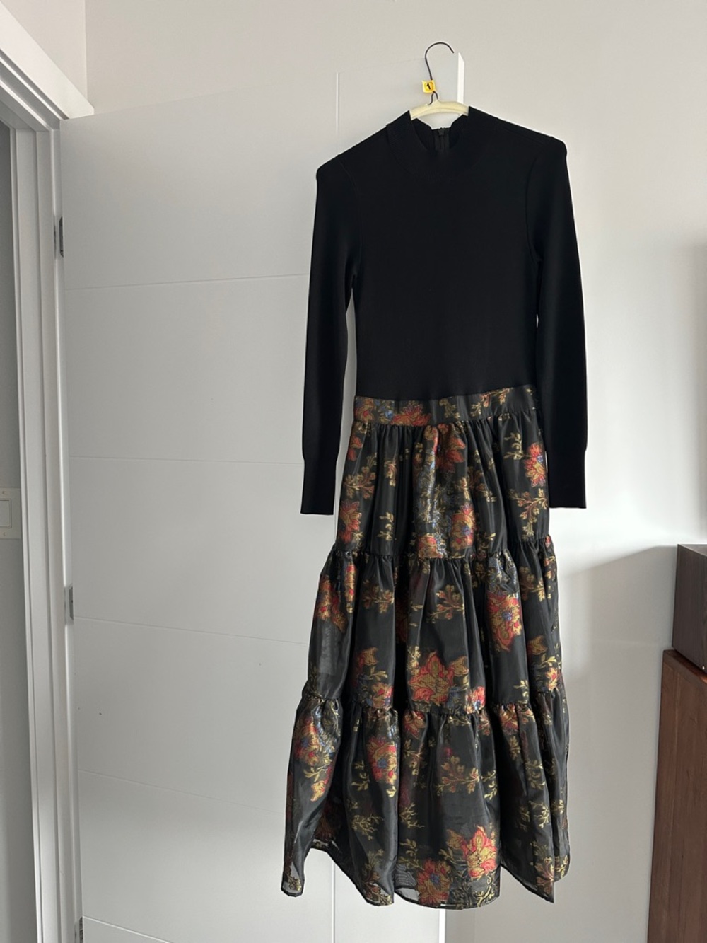Ted Baker size 1 Black Long Sleeve Dress with Floral Tiered Skirt